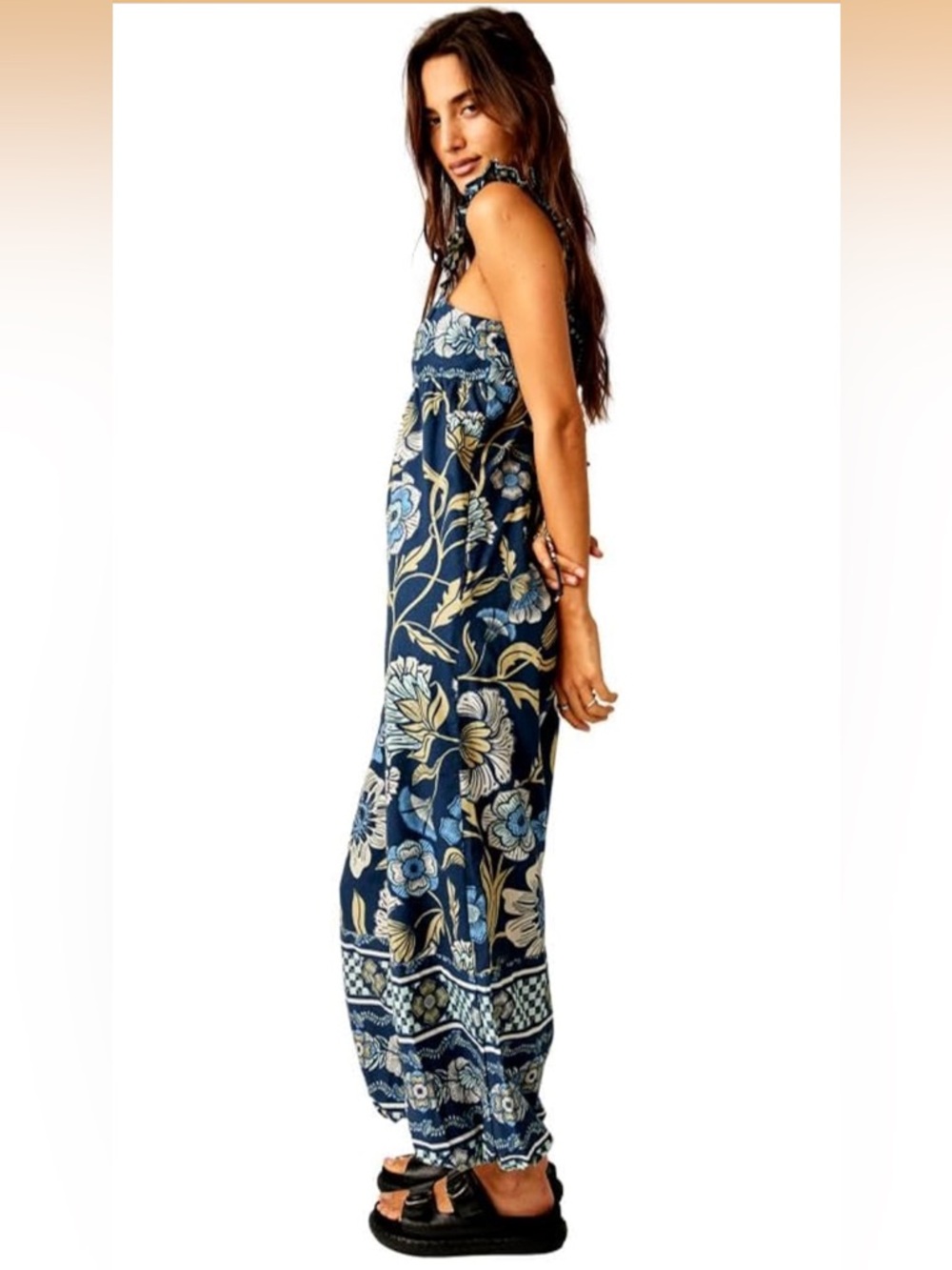 NWOT Free People Bali Albright Floral Boho Jumpsuit Blue Navy Multi 100% Cotton - Picture 2 of 15